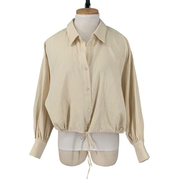 DREW Kylie Top Stone Drawstring Button Front Balloon Sleeve NWT $216 Cotton - Picture 1 of 14